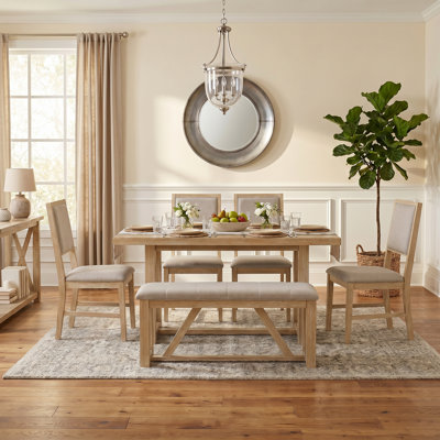 Ensemble de table de salle à manger 6 pièces pour 6 personnes, ensemble de table et chaises de cuisine en bois de 60 po avec 4 chaises et banc rembourrés, base en tréteaux en bois massif naturel pour la cuisine et la salle à manger