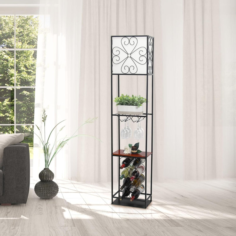 Elegant Designs Floor Lamp With Wood Accented Storage Shelf, Wine Rack, And Linen Shade For Stylish Home Organization