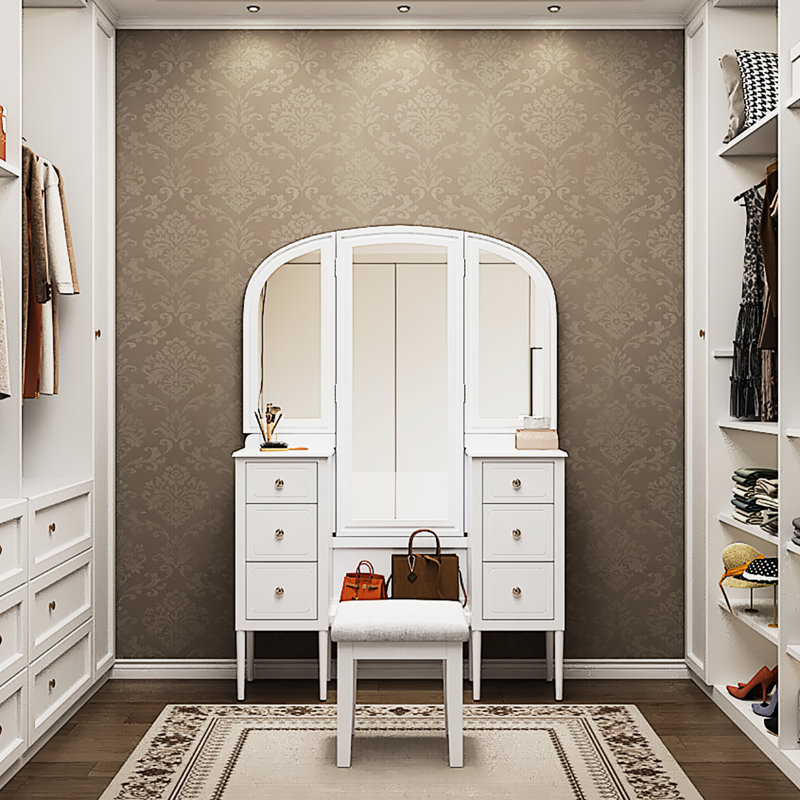 Triple Mirror White Dressing Vanity With 6 - Drawer Arrangement, Soft Cushioned Wood Leg Stool And Full Length For Bedroom Space Makeup Table Drawers, Seat Decor