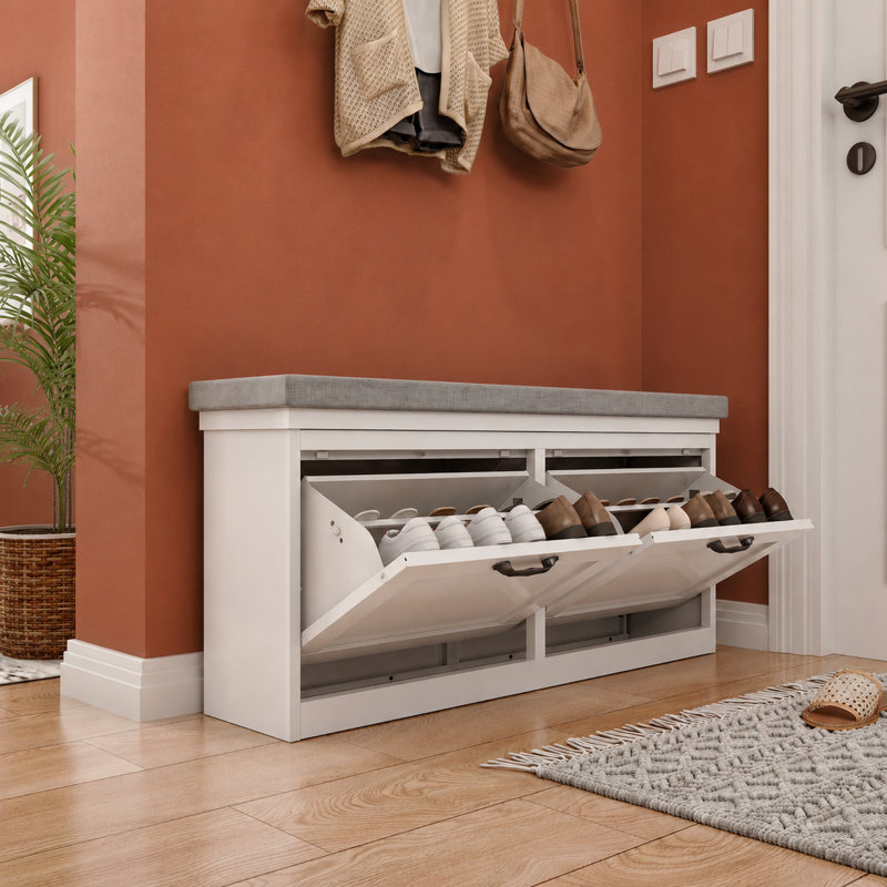 Up to 12 Pair Steel Shoe Storage Cabinet with 2 Flip-Down Drawers and Cushioned Seat