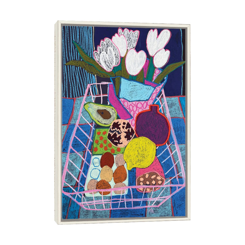 «Pink Basket Still Life», reproduction d'art sur toile encadrée, 26" x 18", Framed Canvas, Distressed White