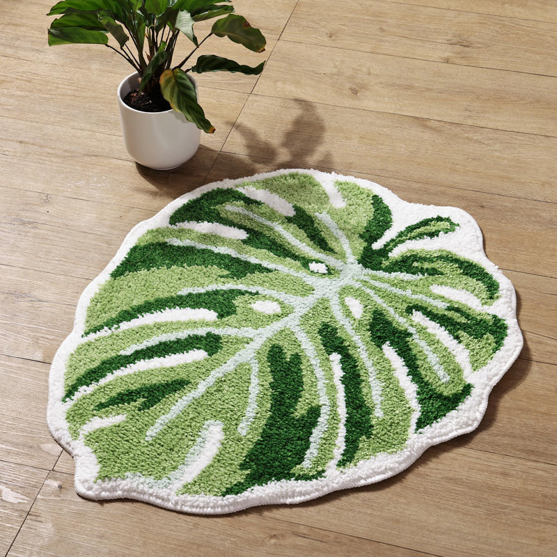  Green Leaf Mat, Large Monstera Cute Non Slip Palm Shaped Plush Fun Kitchen, Bathroom Bathtub Rugs Machine Washable（26"x21"）