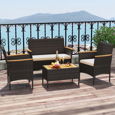 Ensemble de canapé de patio en osier 4 pièces avec table basse et accoudoirs en bois d'acacia