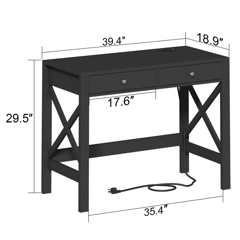 Bureau d'écriture avec tiroirs et station de charge l 39,4 po, Noir, noir, noir, noir