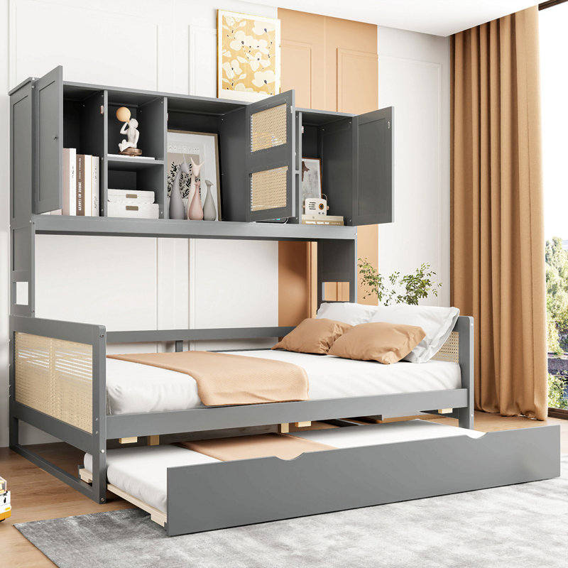 Lit de jour en bois avec lit gigogne, armoire et tablette, Lit double, Gris