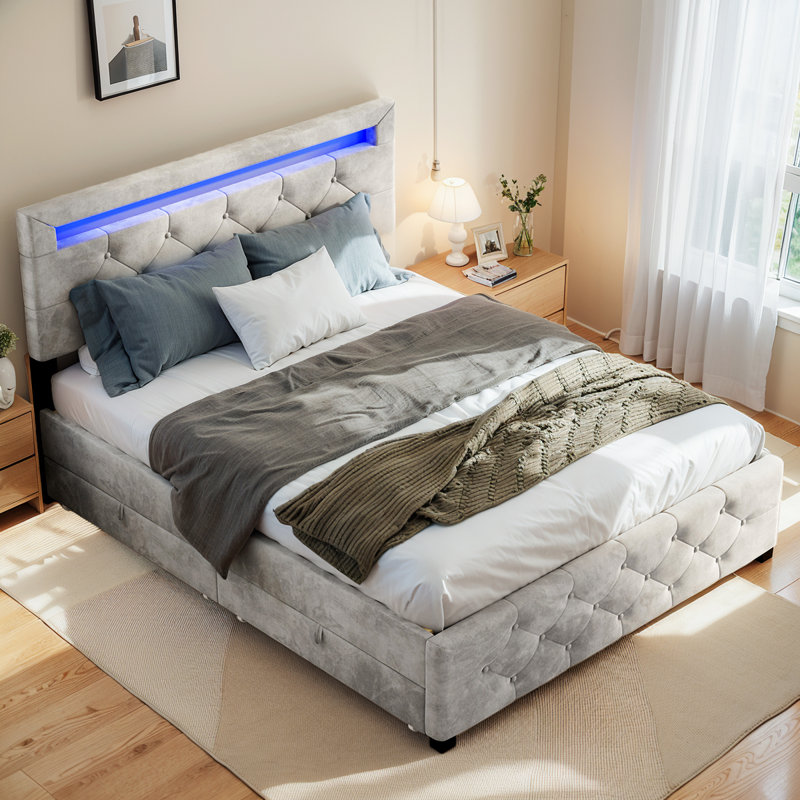 Mercer41 Upholstered Platform Storage Bed Frame With 4 Drawers And LED ...