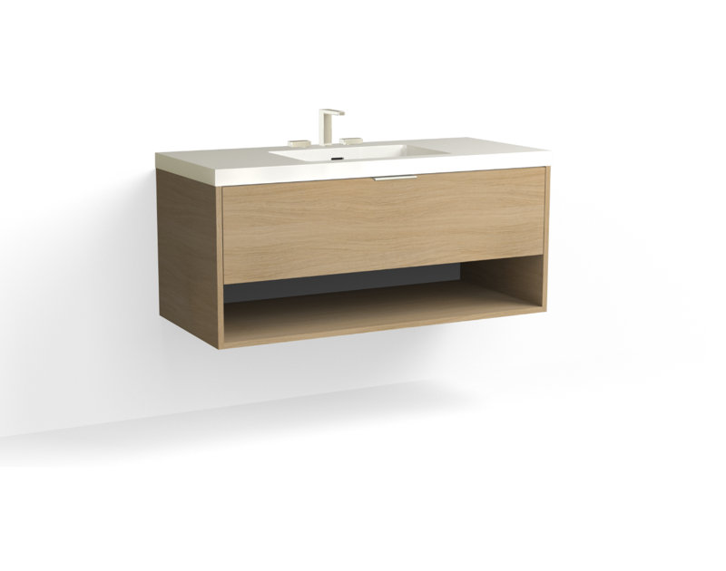 Modo 48" W Wall Mounted Single Bathroom Vanity, Matte White/8" Widespread, Biondo, Satin Nickel