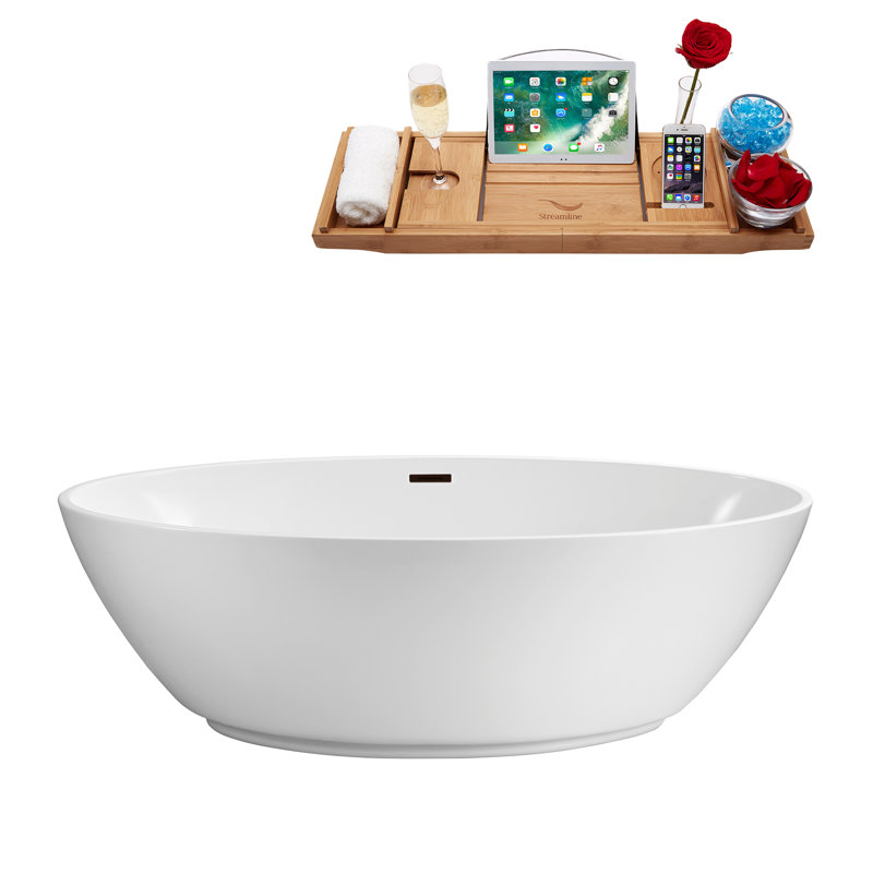 63" Streamline Freestanding Soaking Acrylic Bathtub With Drain and Bamboo Tray, Matte Oil Rubbed Bronze