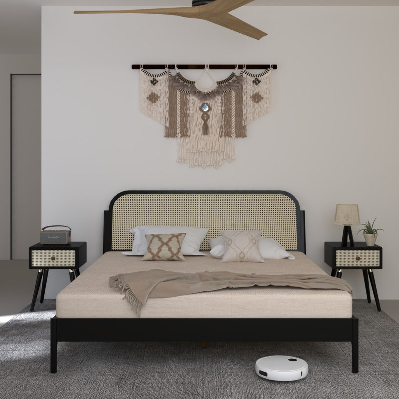 Beiro Solid Wood Rattan Platform Bed with Headboard, Bohemian and Mid-Century Bed Frame, King, Black