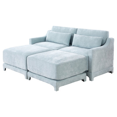Deux places bleu ciel revêtu de tissu chenille, 1, 2 coussins lombaires, forme ergonomique, éponge à haute résilience, structure en bois pour le salon, bleu, chenille, base, décoration de chambre
