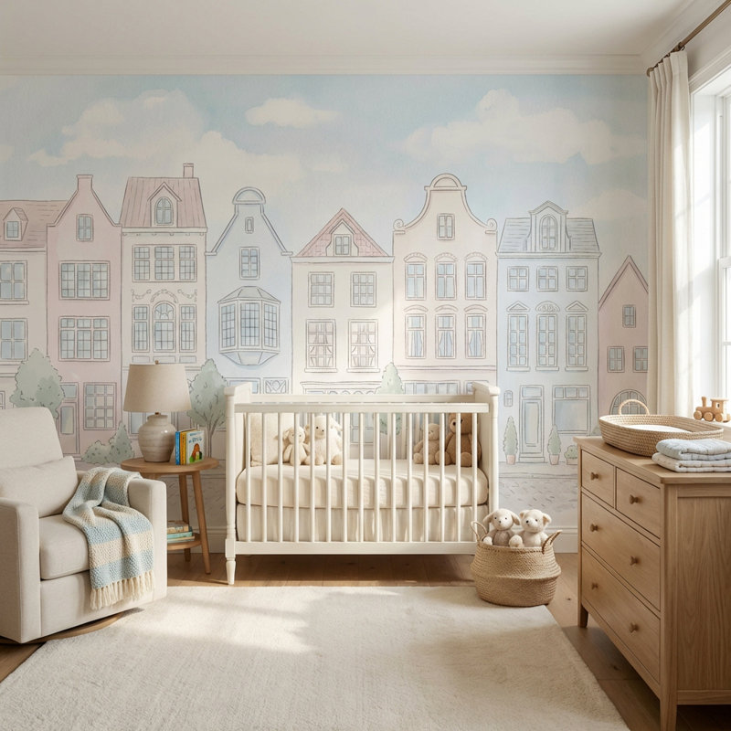 Décoration murale pastel maisons européennes, 160 po x 108 po, Peler et coller