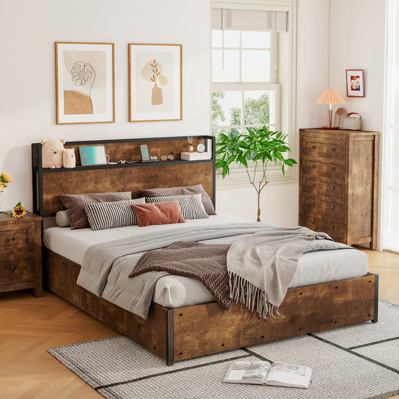 Lit escamotable en bois avec station de charge, Brun rustique, Très grand