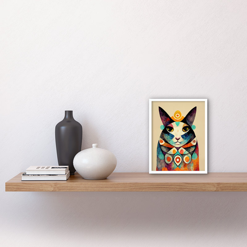 Boho Abstract Modern Shaman Guru Cat - Painting, White Framed Paper, 25.9cm H x 20.6cm W