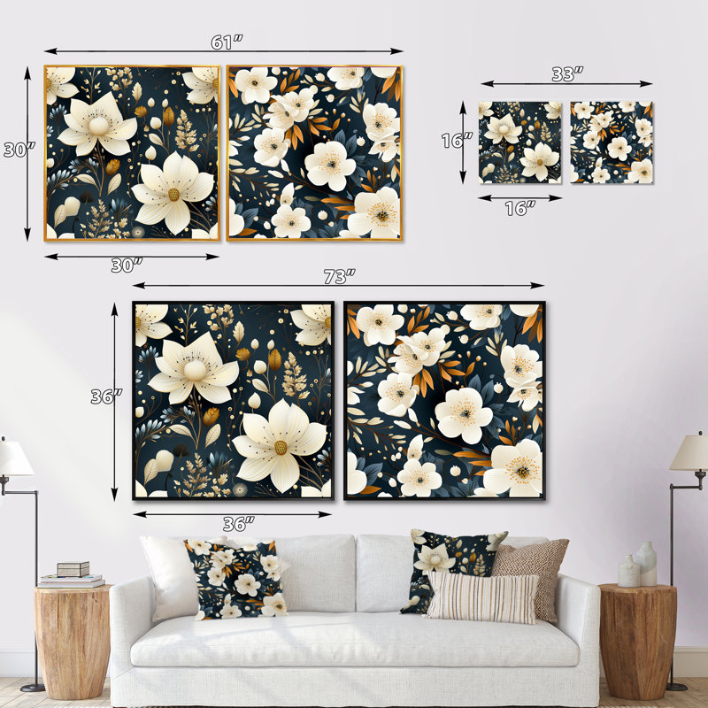 Imane - Ensemble de 2 collages carrés floraux, H 16 po x l 33 po, Toile tendue