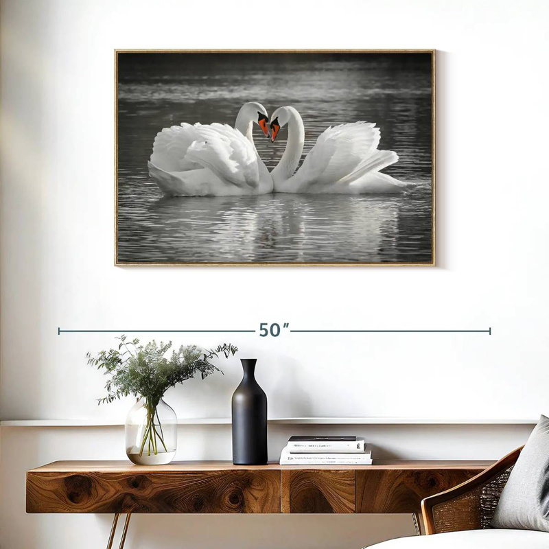 Couple de cygnes amoureux, Cadre flottant en bois naturel, 37 po x 25 po