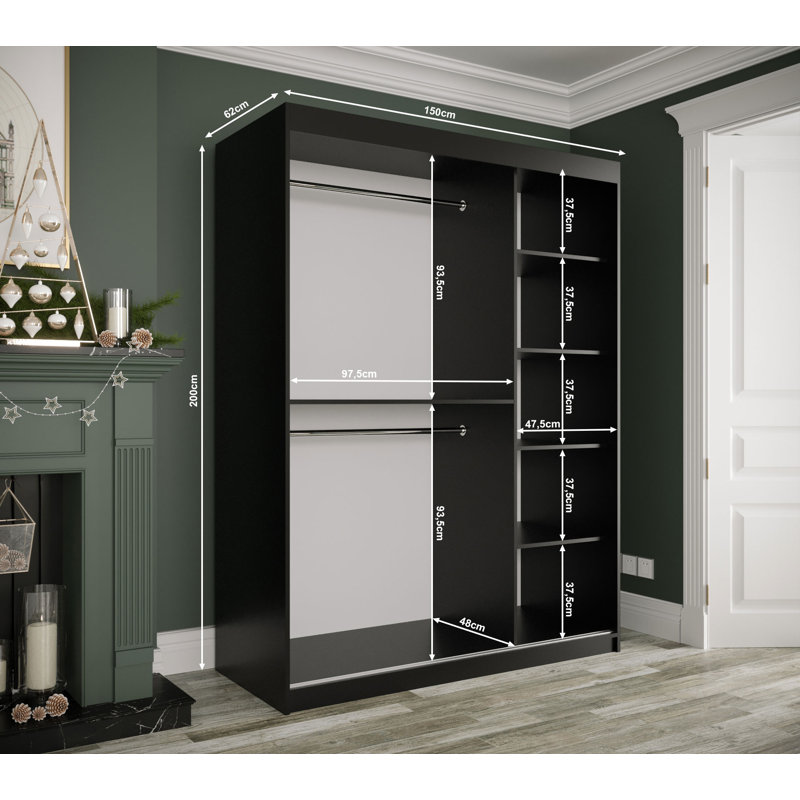 Blerata 2 Door Manufactured Wood Wardrobe, Black Matt/Black Matble, 200cm H x 150cm W x 62cm D