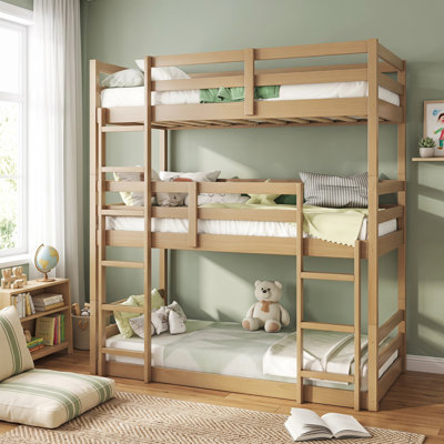 Detachable Triple Twin Rubber Wood Bunk Bed with 2 Built-in Ladders and Safety Guardrails