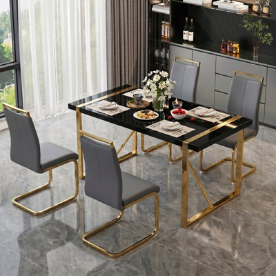 5-Piece Modern Rectangular High-Gloss Dining Set with Faux Leather Cantilever Chairs