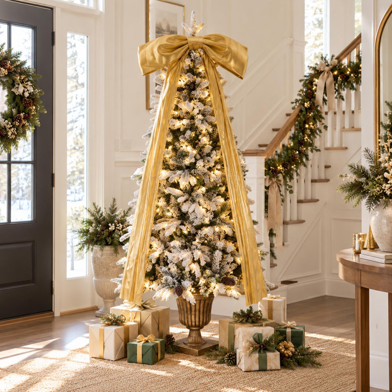 Sapin de Noël floqué pré-illuminé de 1,80 m avec des pommes de pin, des rubans dorés et un socle en forme d'urne