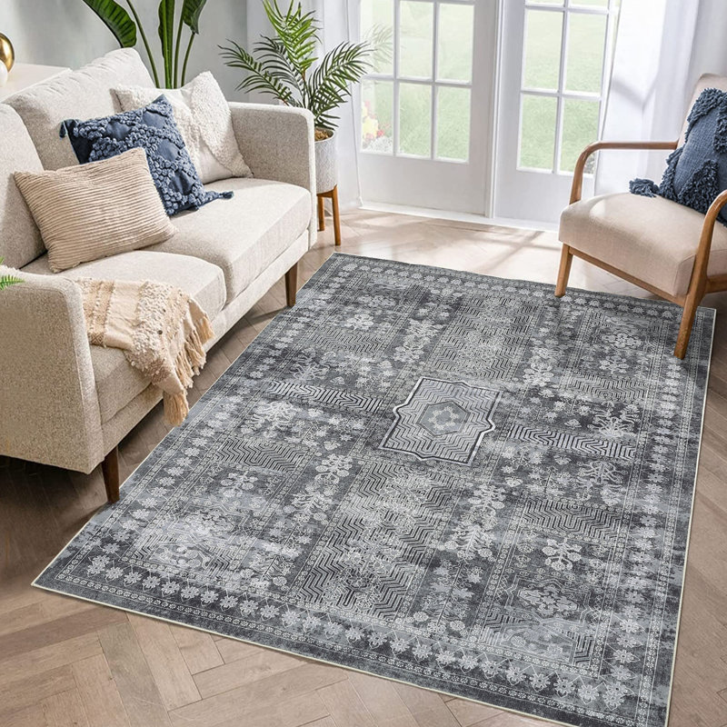 Oriental Machine Washable Area Rug Non-Slip Indoor Carpet Non-Shedding Floral Rug for Living Room Bedroom Dining Room Hallway Kitchen Office Playroom Nursery
