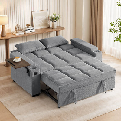 65" Convertible Sleeper Sofa With Pull-Out Bed, Loveseat Sofa Bed with Adjustable Backrest & 360° Swivel Side Table