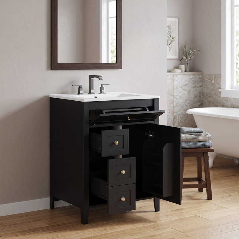 Ensemble de meuble-lavabo autoportant en MDF 24 po noir avec lavabo en céramique, poignées en métal, porte à fermeture en douceur, support de rangement