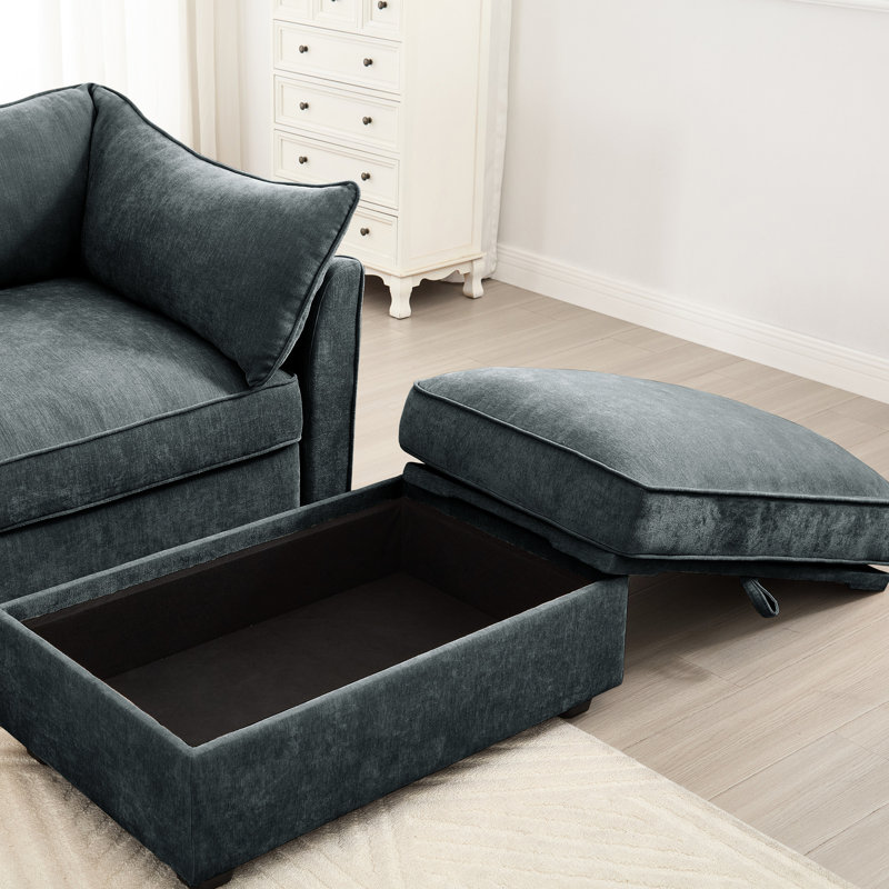 Siège en U profond à 3 places avec 2 repose-pieds, gris chenille, tiroir de rangement sous chaque siège, enveloppé et accoudoir, en forme de croissant, bords passepoilés, coussin modulaire surdimensionné dissimulé dans le repose-pieds