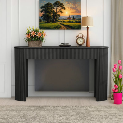 Console noire moderne: avec grain vertical, plateau de table ovale et 2 tiroirs, convient à l'entrée et au salon