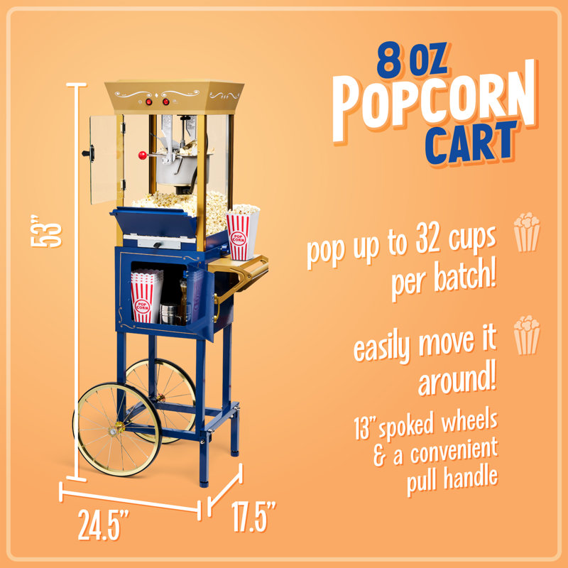 Nostalgia Vintage 8-Ounce Professional Popcorn and Concession Cart, 53 Inches Tall, Makes 32 Cups of Popcorn, Kernel Measuring Cup, Oil Measuring Spoon and Scoop, 13-Inch Wheels