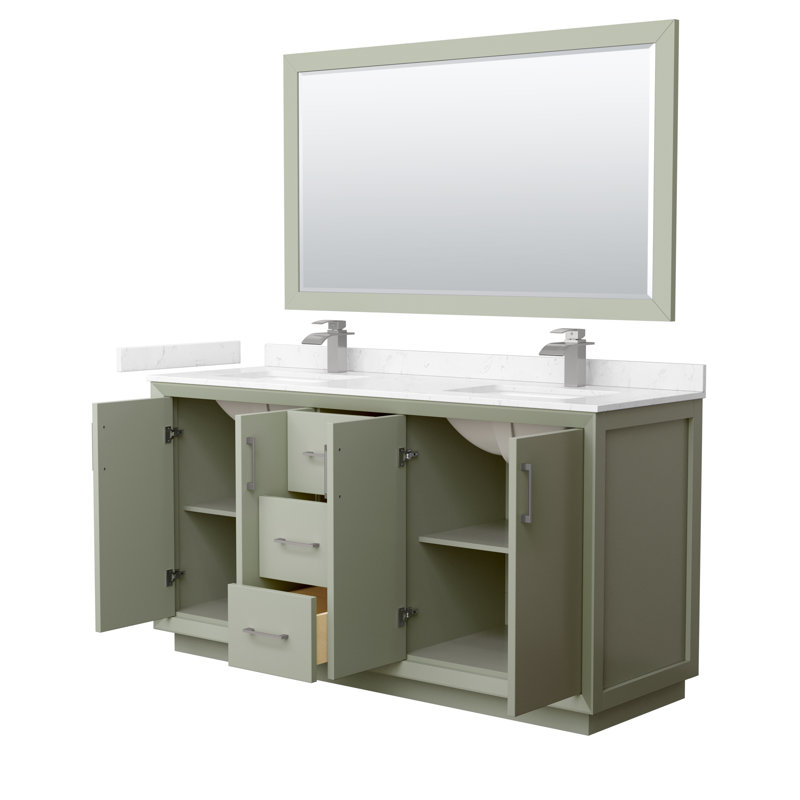 Ensemble de meuble-lavabo double 66 "avec miroir Strada, Marbre de culture blanc, Vert clair, Nickel brossé