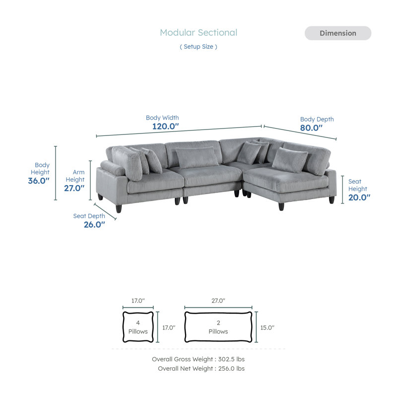 Loowit 120"W Modern Corduroy 4-Piece Modular Sectional – Customizable Sofa with Reversible Cushions & Matching Pillows