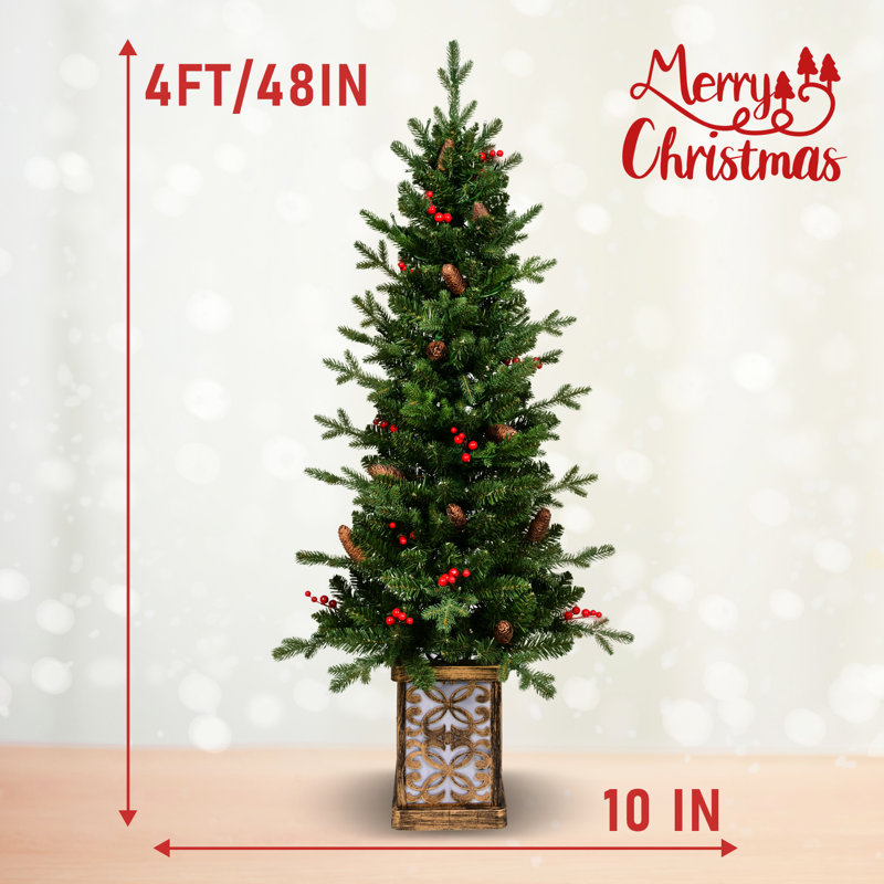 Arbre de Noël festif de 4 pi avec 100 lumières à DEL multicolores, 396 pointes, baies rouges, pin et baies réalistes à base scintillante et baies en PE / branches, pot à paillettes décoratif
