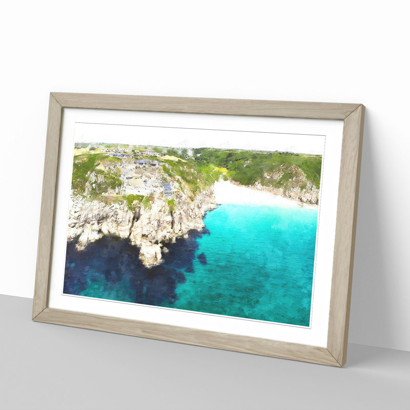 Porthcurno Beach in Cornwall - Picture Frame Graphic Art on MDF, 27cm H x 36cm W x 2cm D, Oak Framed