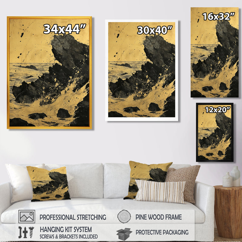 Wild Waves On Black Rocks Illustration rétro - plage, art mural, Toile encadrée flottée blanche, H 44 po x l 34 po x P 1,5 po