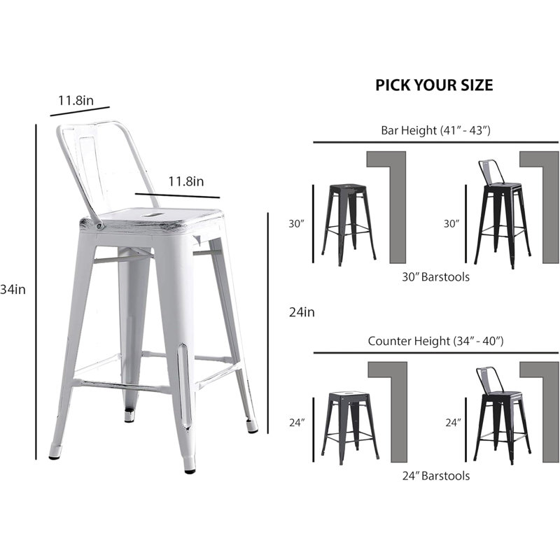 Modern Light Weight Industrial Contemporary Rustic Vintage Costal Metal Barstools With Bucket Back And 4 Leg Design, Seat Bar Stools (Set Of 2)