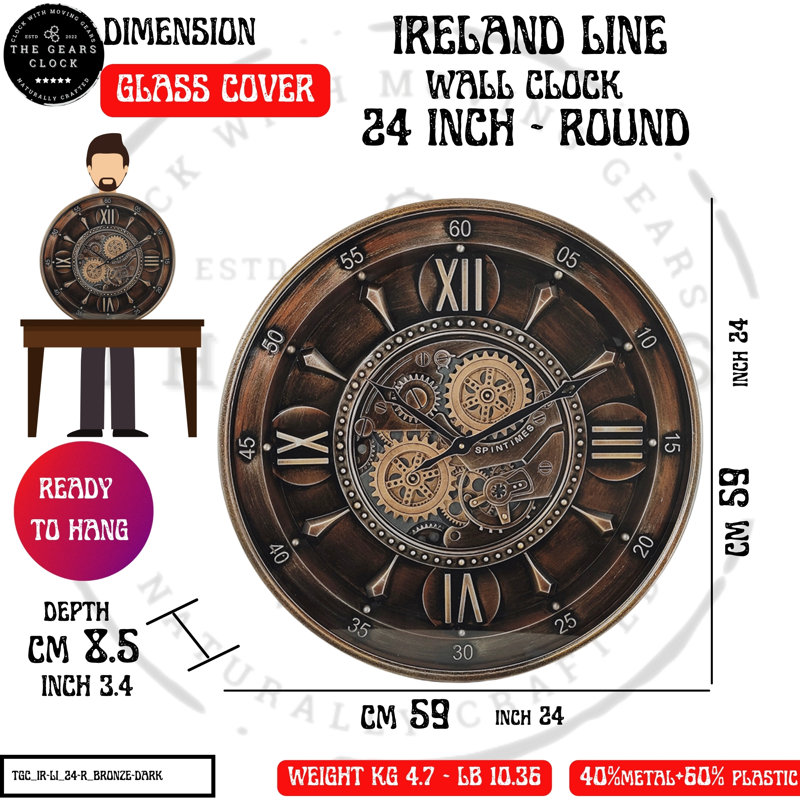 THE GEARS CLOCK Wall Clock with Real Moving Gears IR-LI_ 24 in Round BRONZE-DARK
