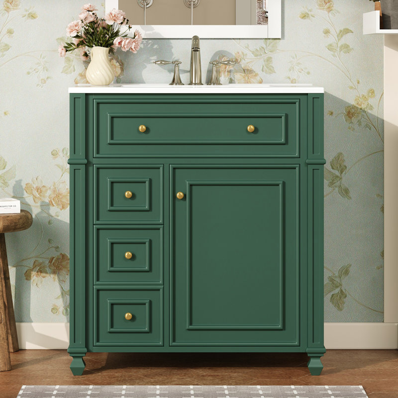 Meuble-lavabo autoportant de 30 po avec lavabo, meuble-lavabo sur pied et armoire de salle de bain, Vert/doré