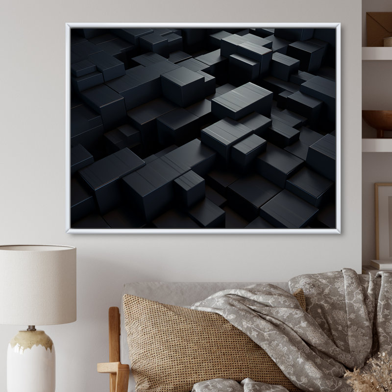 Dimensions du cube 3D en brique noire I - reproduction sur toile, H 34 po x l 44 po x P 1,5 po, Cadre flottant blanc