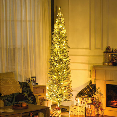 Sapin de Noël artificiel mince de 7 pi de hauteur avec 210 lumières à DEL blanc chaud et 499 pointes, parfait pour une installation facile et un élégant décor des Fêtes