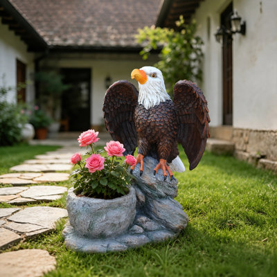 Standing Eagle Statue Garden Planter on Faux Stone Base - Rustic Wildlife Decorative Flower Pot for Outdoor Patio & Home Decor
