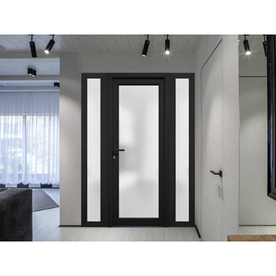 Façade extérieure en verre givré pré-suspendu Fibre de verre givré / Manux 8102 noir mat / 2 fenêtres extérieures latérales / Bureau Portes d'entrée commerciales et résidentielles Garage de garage-W12 + 36 + 12 po x H80 po - À gauche