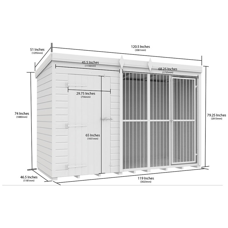 Dog Kennel and Run Full Height with Bars, 201cm H x 302cm W x 118cm D