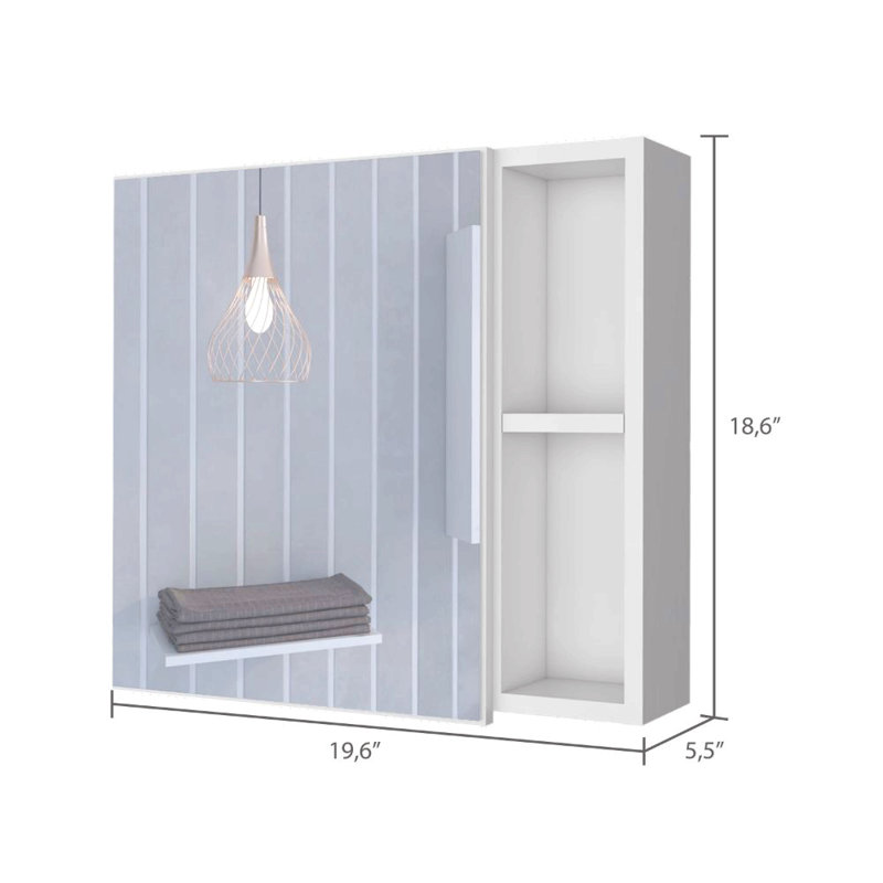 Armoire à pharmacie, miroir, deux tablettes extérieures, armoire à une porte, trois tablettes intérieures, Blanc