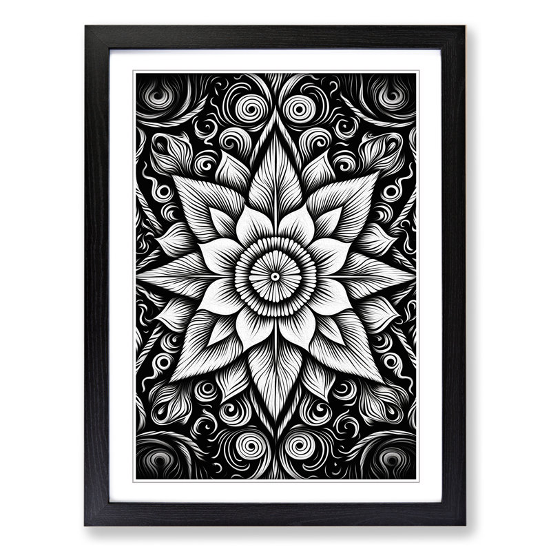 Mandala Line - Single Picture Frame Print on Wood, 46cm H x 34cm W x 2cm D, Black Framed