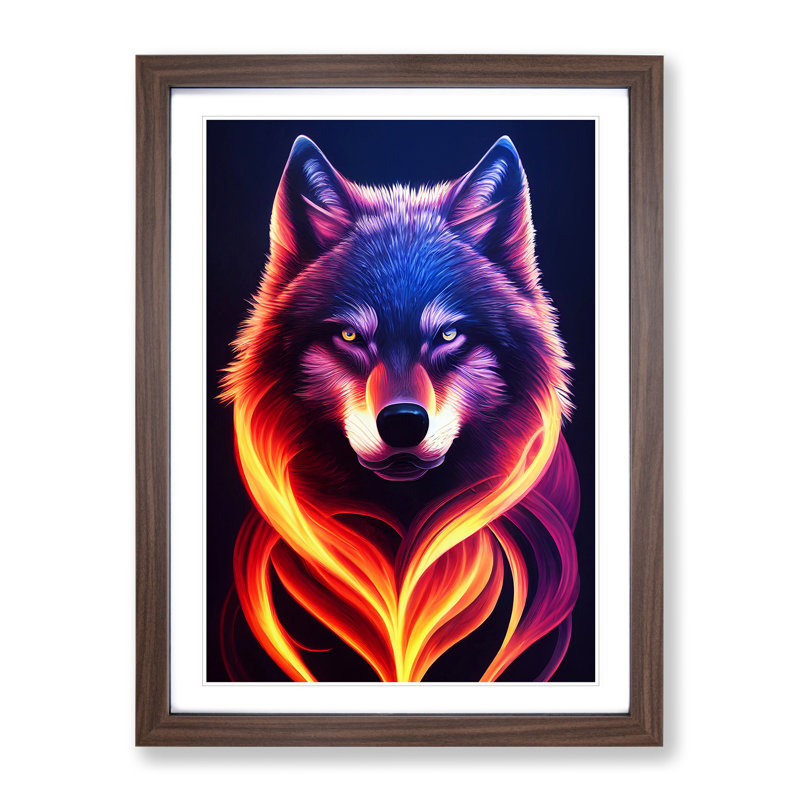 Wolf Flames - Wall Art, 66cm H x 48cm W, Walnut Framed Paper, White
