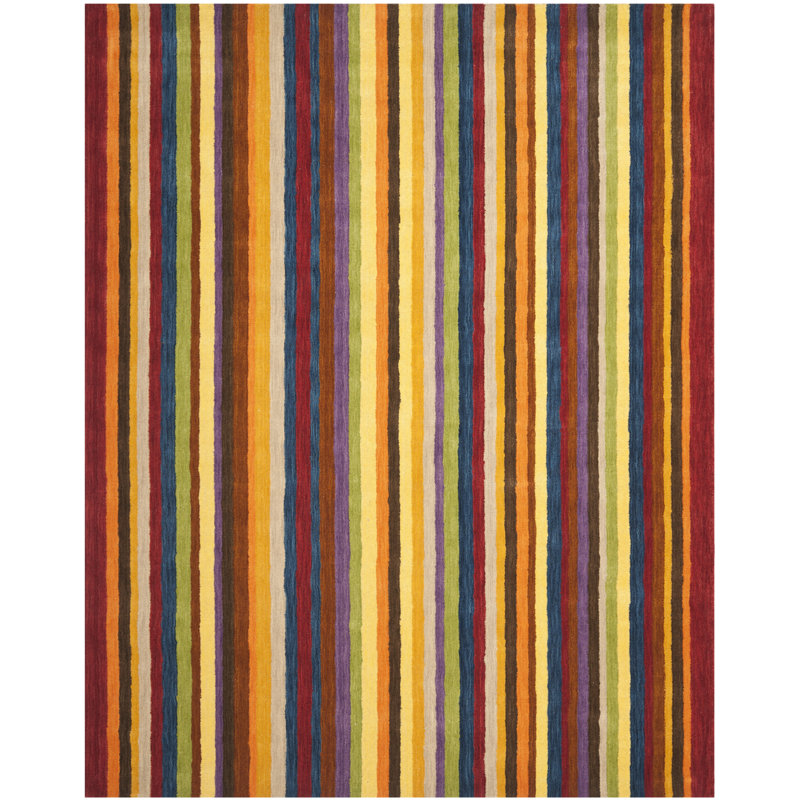 Tapis jaune en laine rayé fait à la main Frann, Rectangle 10 pi x 14 pi
