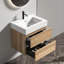 Meuble-lavabo flottant mural moderne, conception en chêne, tiroirs doubles, planches de qualité E1, système de fermeture en douceur, poignée cachée, lavabo à finition brute de 23,49 po de hauteur, lavabo en quartz blanc, E0 silencieux-132971791