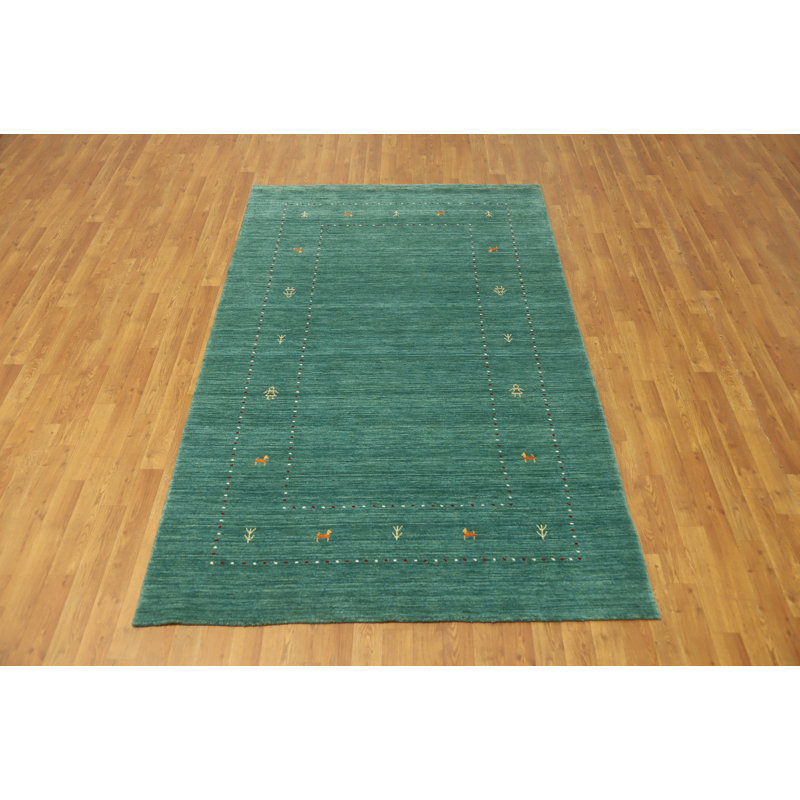 Handmade Green Wool Gabbeh Style Area Rug 5x8