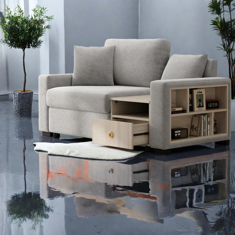 Modern Grey Chenille Sofa With Storage Armrest