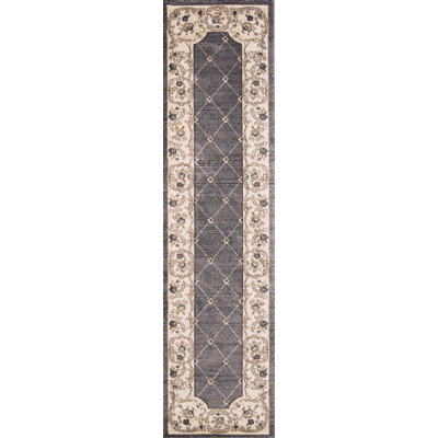 Tapis d'intérieur gris à bordure florale ivoire